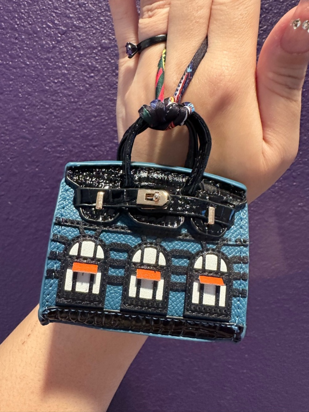 Mini Bag Charm Blue Architectural Detail Gold Hardware